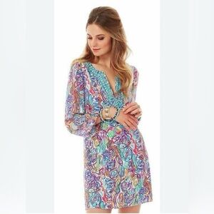 Lilly Pulitzer Saemus What A Catch Beaded Belted Silk CDC Tunic Shift Dress Sz 4